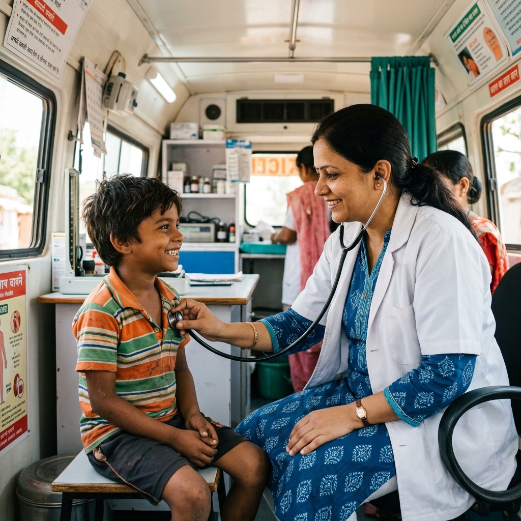 Doctor examining rural kid at health camp
