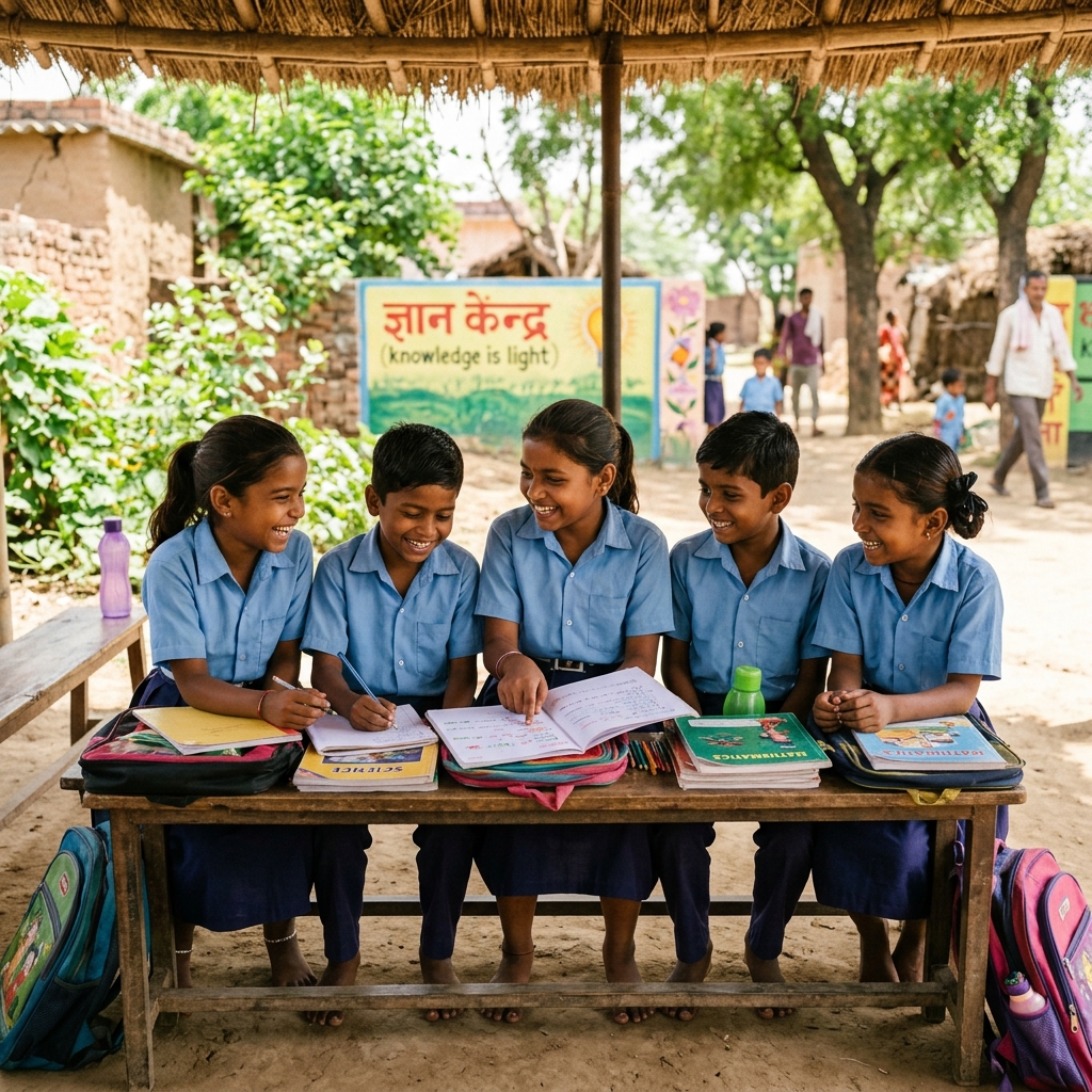 Happy children in simple school uniforms learning together with a volunteer coordinator